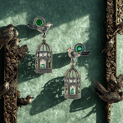 Emerald Flight Antique Bird Cage Earrings