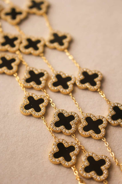 Clover Decor Flower Bracelet- Black