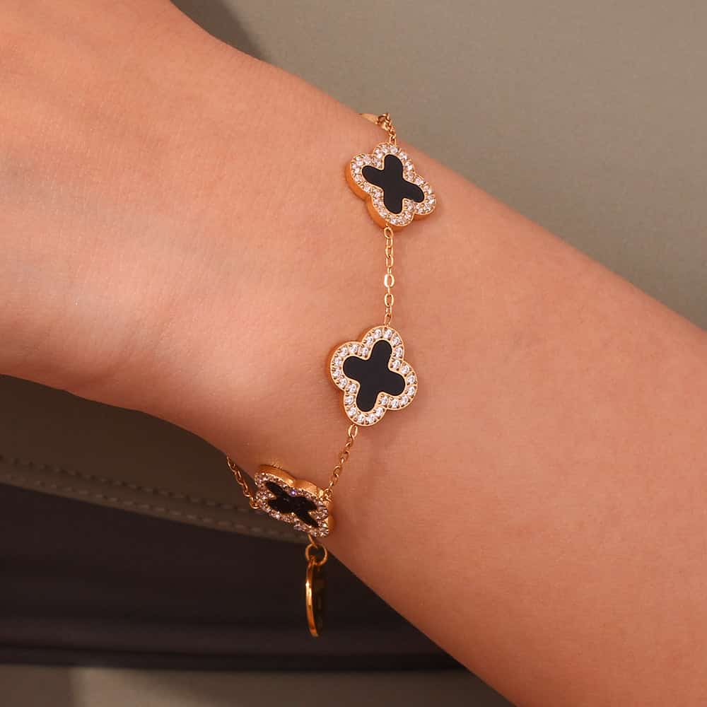 Clover Decor Flower Bracelet- Black