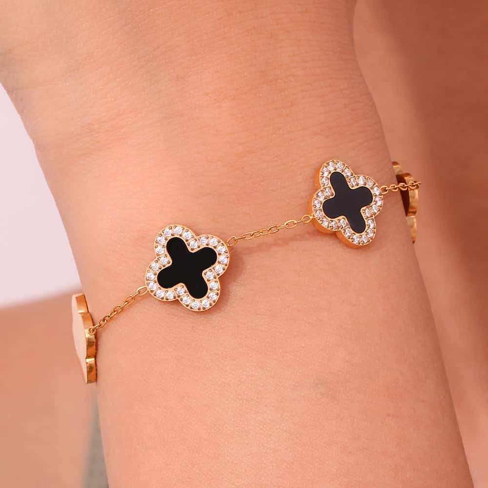 Clover Decor Flower Bracelet- Black