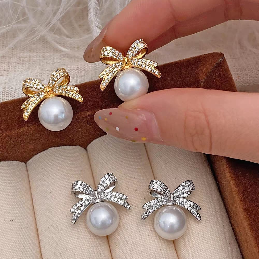 Sparkling Bow Pearls Earing